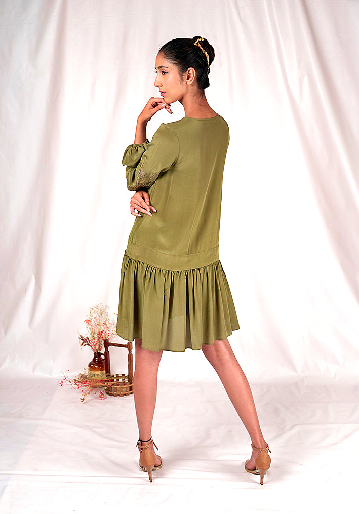 SEESA - Green balloon flowy silk dress