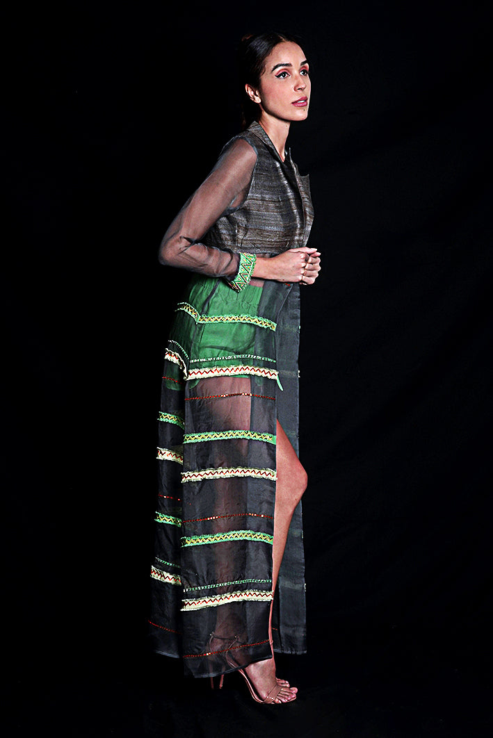 SEESA - Titanium Long Jacket With Embroidery