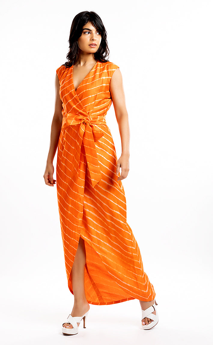 THE HOUSE OF ARA -Overlapped Belted Dress / Orange