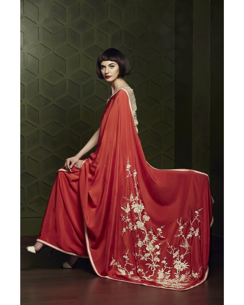 Orange 100 flowers pallu By ASHDEEN