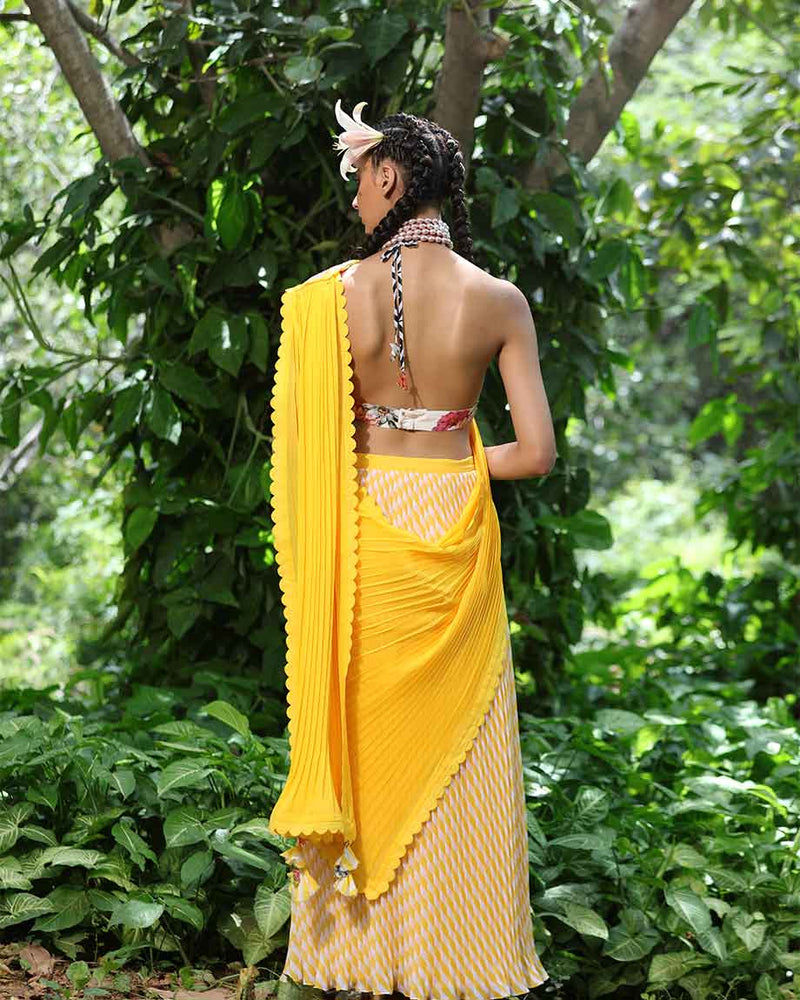 NIKASHA Pitambari yellow/white lehariya pleated georgette saree