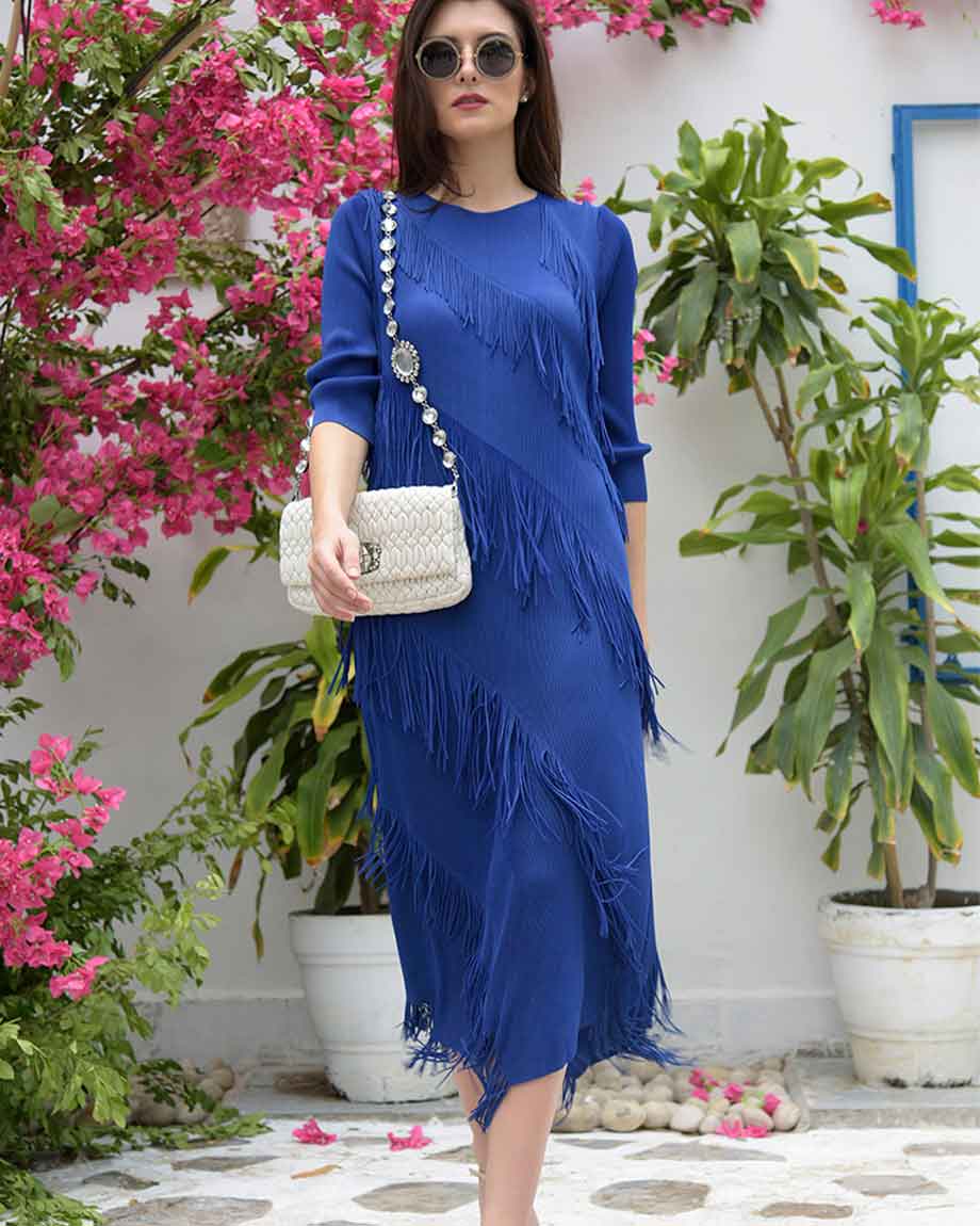 TASUVURE Electric Blue Frollic Fringe Groovy Dress