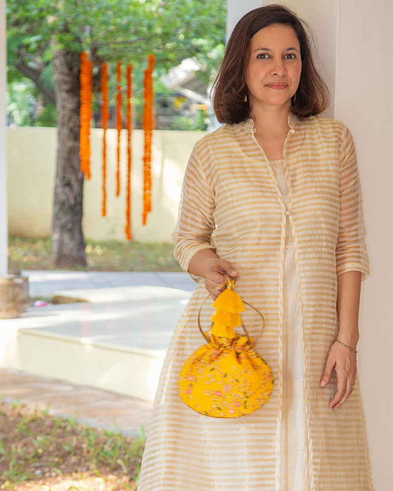"Premium Yellow Floral Creeper Potli with Cutdana Tassels and Woven Golden Drawstrings