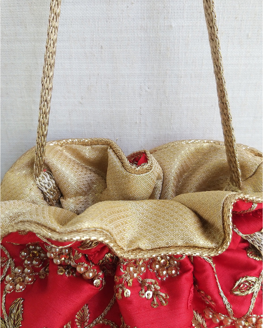 AMYRA Red Embroidered Pearl Potli Bag