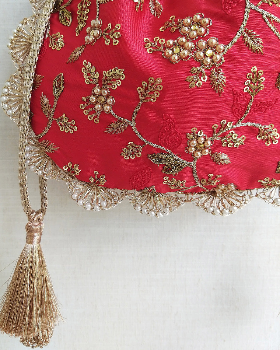 AMYRA Red Embroidered Pearl Potli Bag