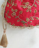 AMYRA Red Embroidered Pearl Potli Bag