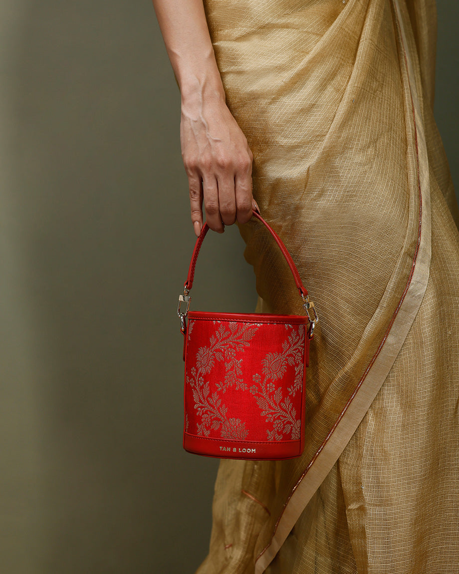 Bridal Red Brocade Barrel Potli by TAN AND LOOM