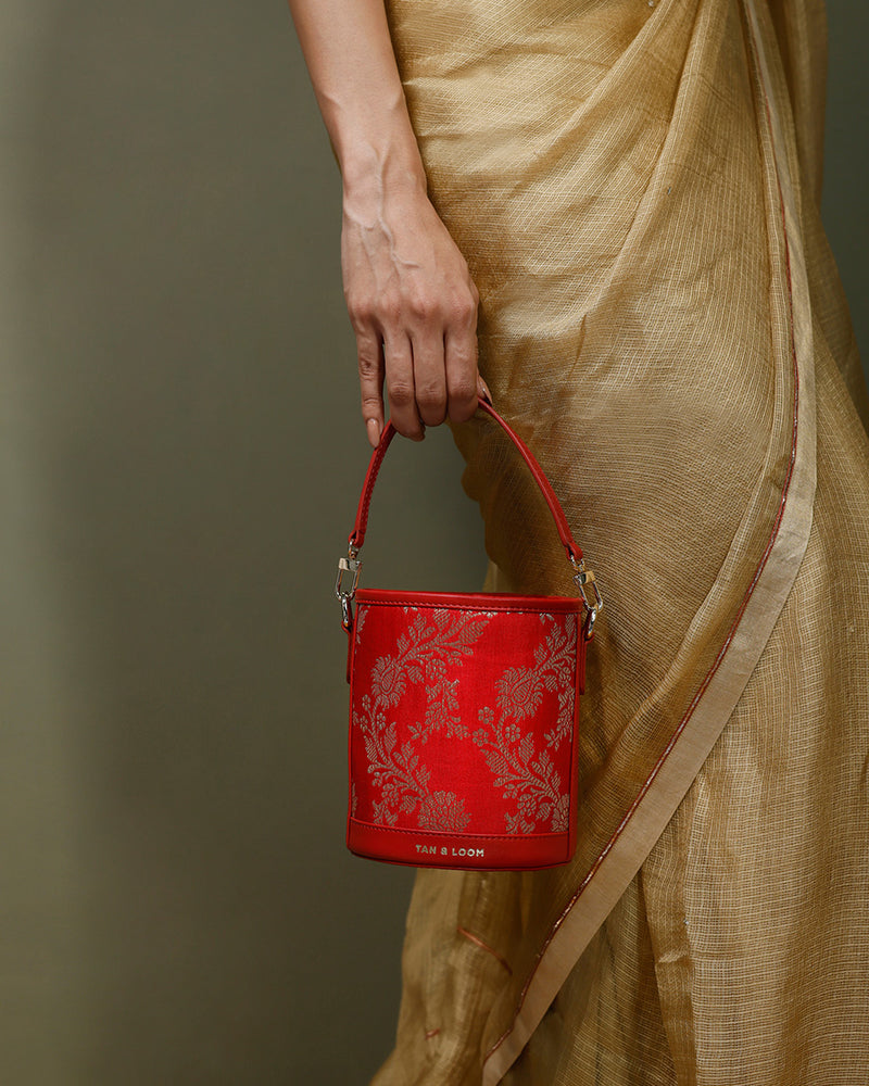 Bridal Red Brocade Barrel Potli by TAN AND LOOM