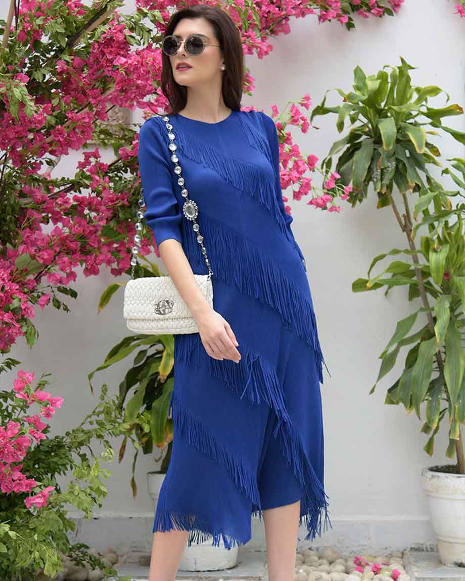 TASUVURE Electric Blue Frollic Fringe Groovy Dress