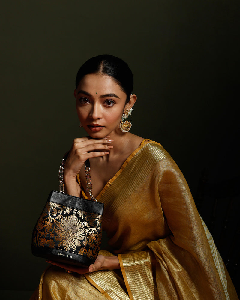 Classic Black Brocade Rani Batua by TAN AND LOOM