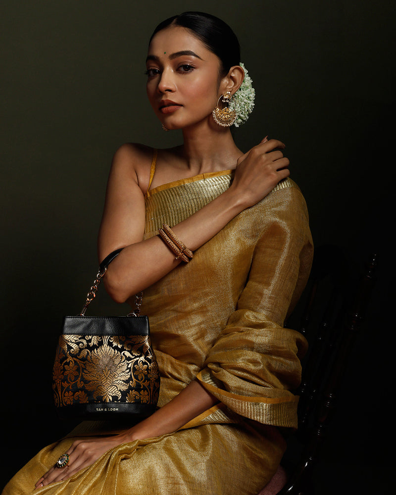 Classic Black Brocade Rani Batua by TAN AND LOOM