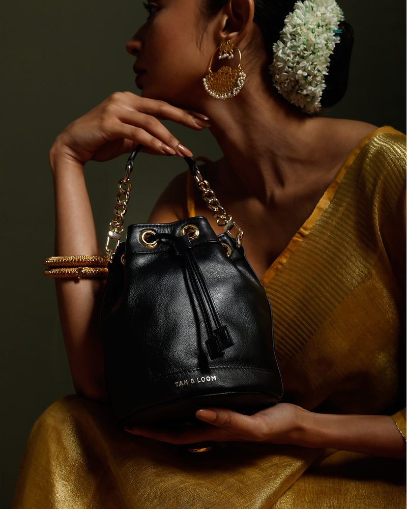 Classic Black Leather Bombay Bucket by TAN AND LOOM