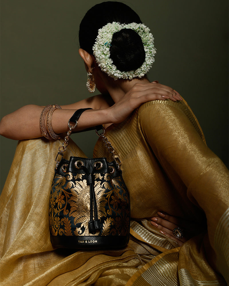 Classic Black Brocade Bombay Bucket by TAN AND LOOM