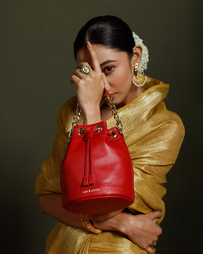 Bridal Red Leather Bombay Bucket by TAN AND LOOM