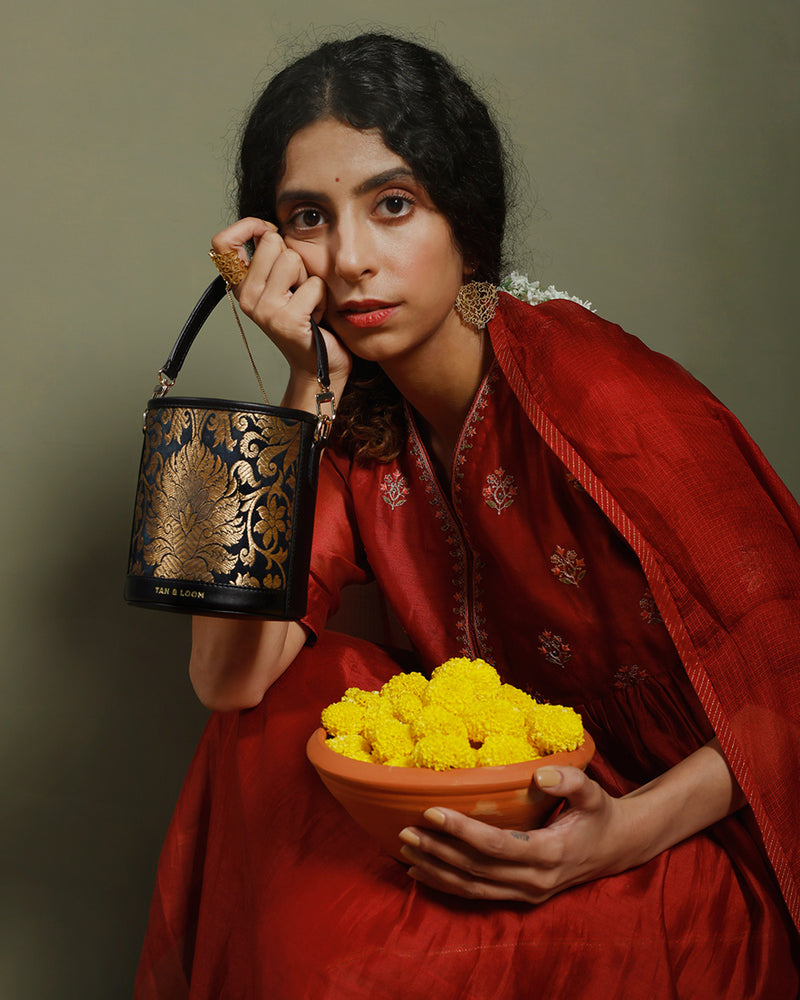 Classic Black Brocade  Barrel Potli by TAN AND LOOM