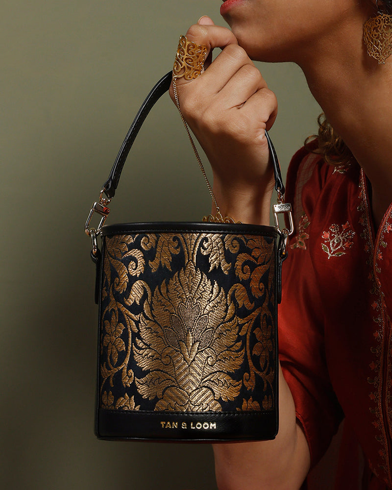 Classic Black Brocade  Barrel Potli by TAN AND LOOM