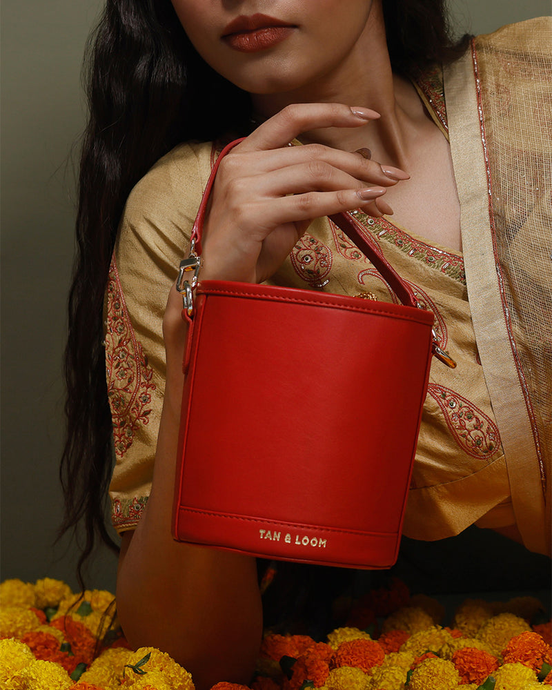 Bridal Red Leather Barrel Potli by TAN AND LOOM