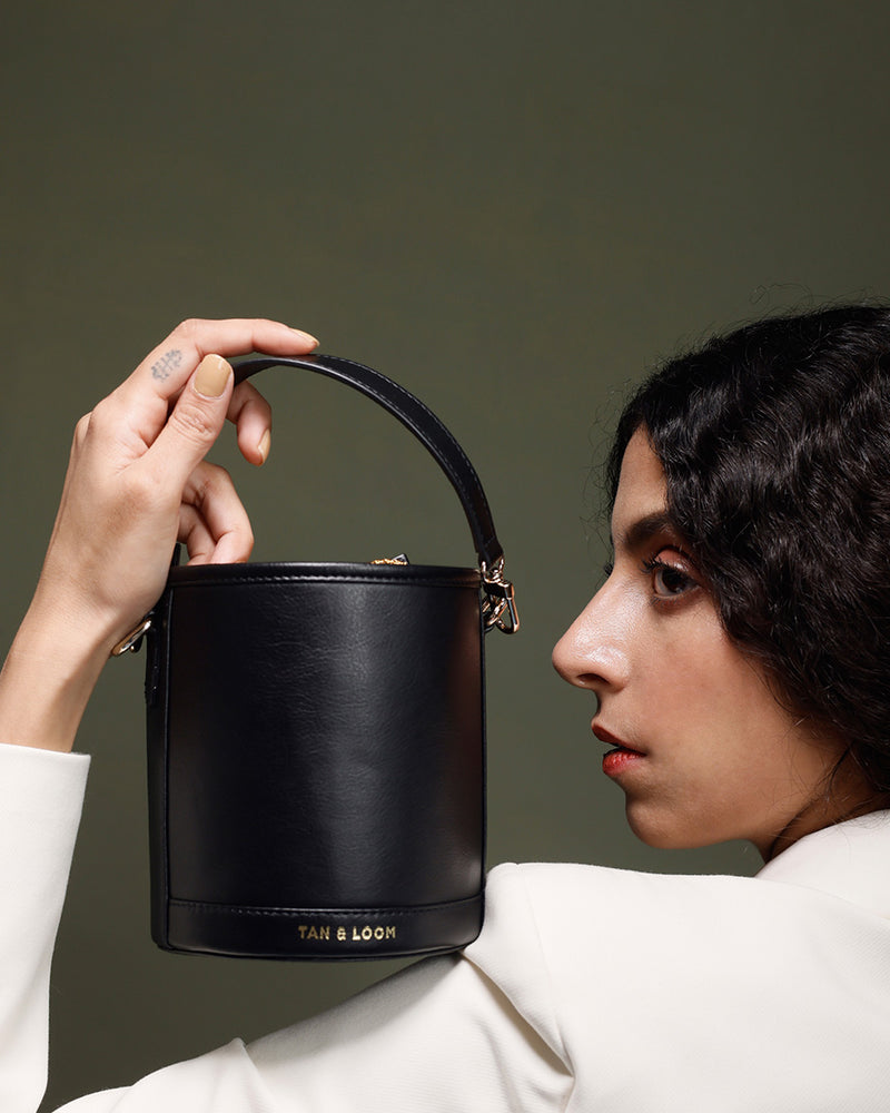 Classic Black Leather Barrel Potli by TAN AND LOOM