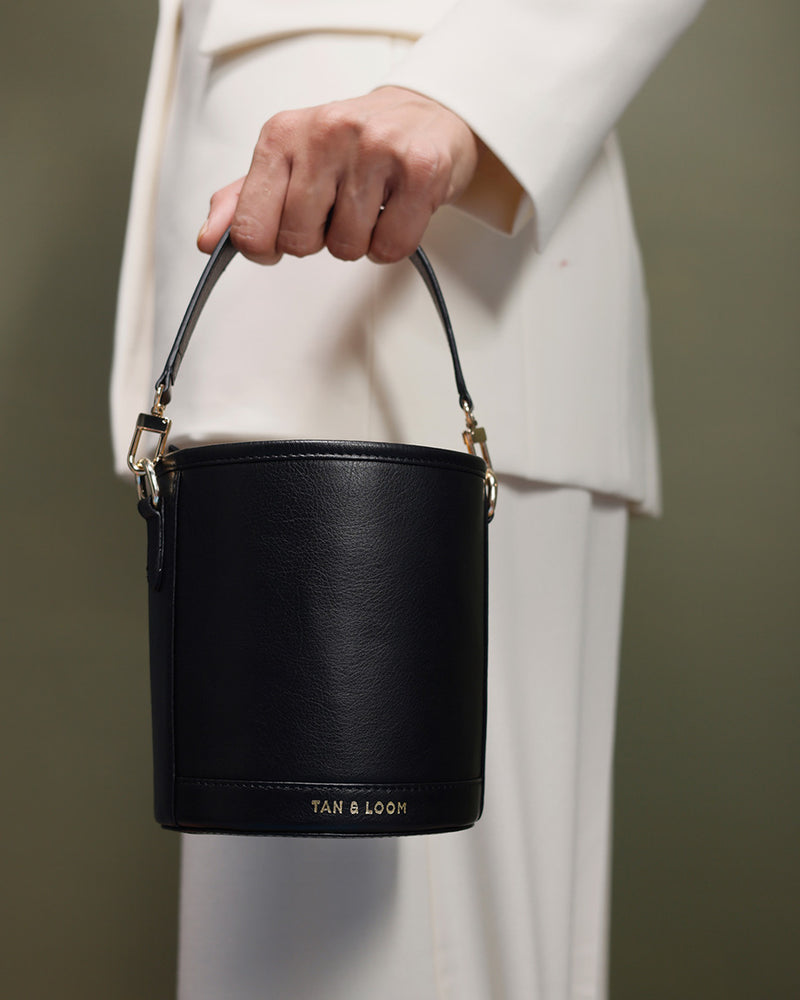 Classic Black Leather Barrel Potli by TAN AND LOOM