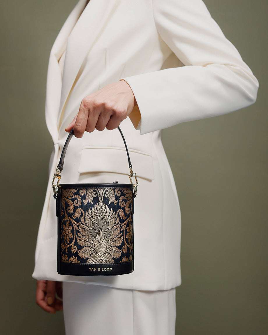 Classic Black Brocade  Barrel Potli by TAN AND LOOM