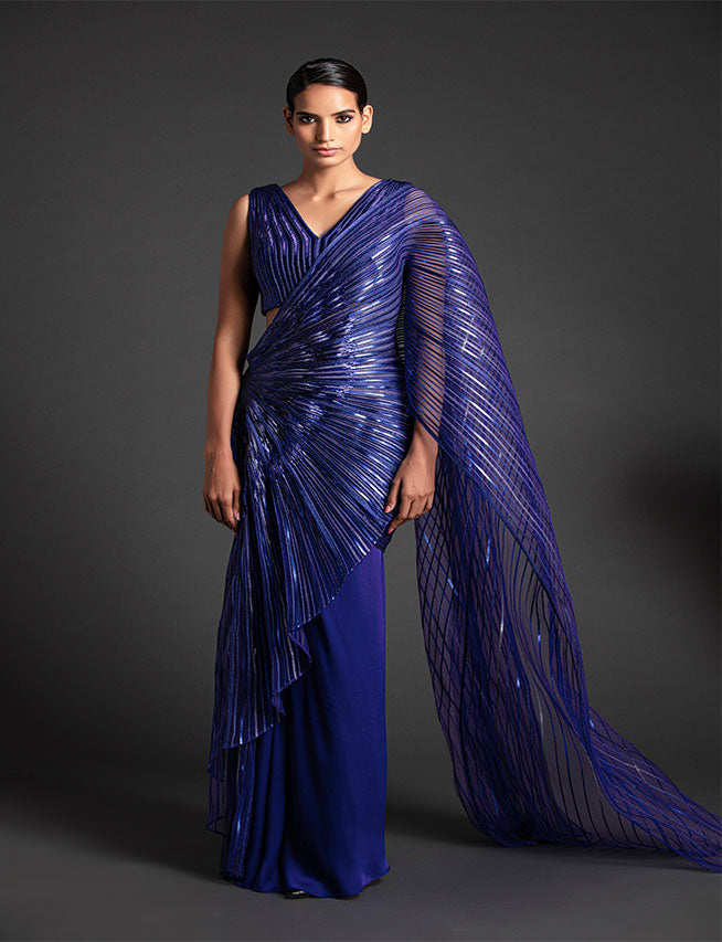 Ink Blue Drape Saree by AMIT AGGARWAL