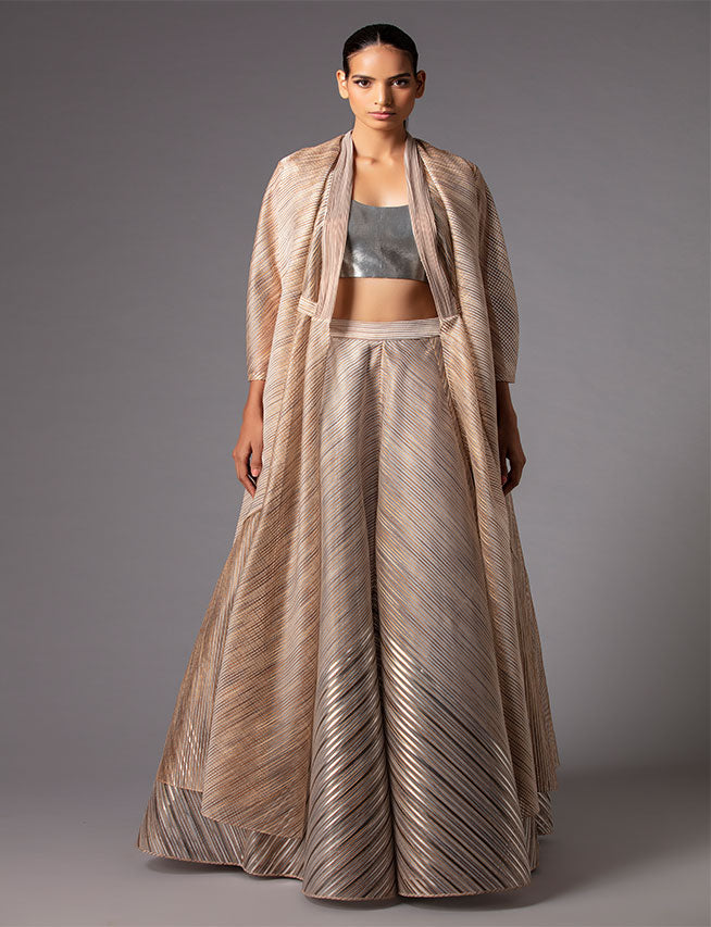 Jacket and Skirt set with silver bustier by AMIT AGGARWAL