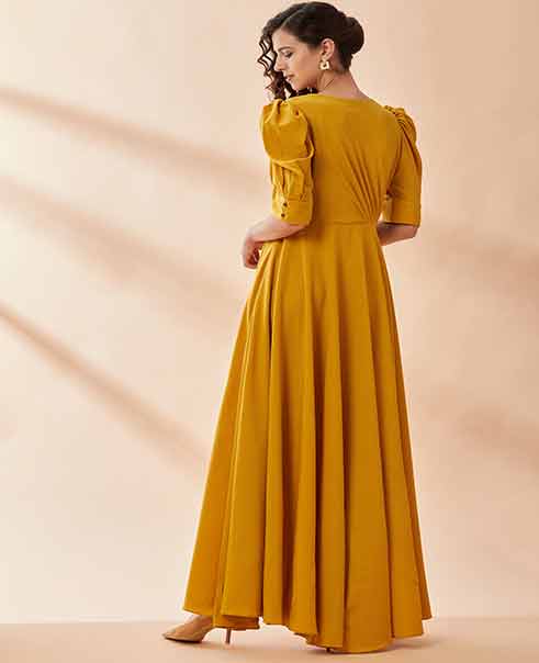 Mustard Angel Sleeve Gown by AAKAAR
