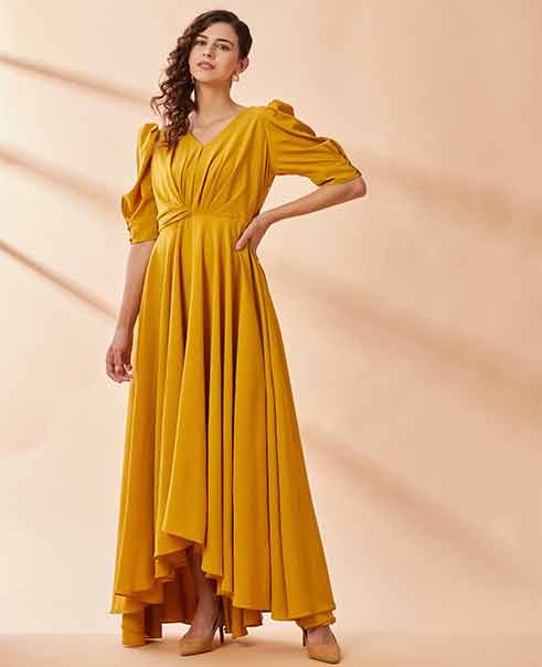 Mustard Angel Sleeve Gown by AAKAAR