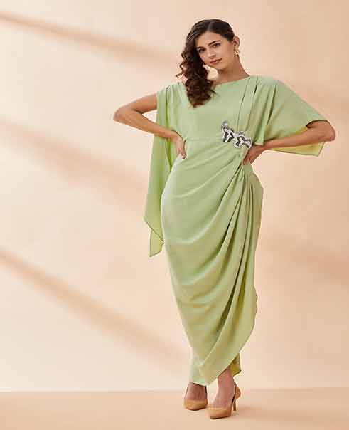 Lime Green Drape Dress By AAKAAR