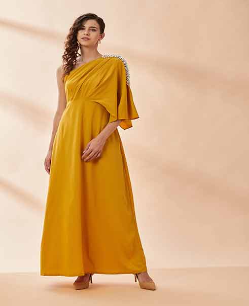 Mustard Pearl Moss Drape Dress by AAKAAR