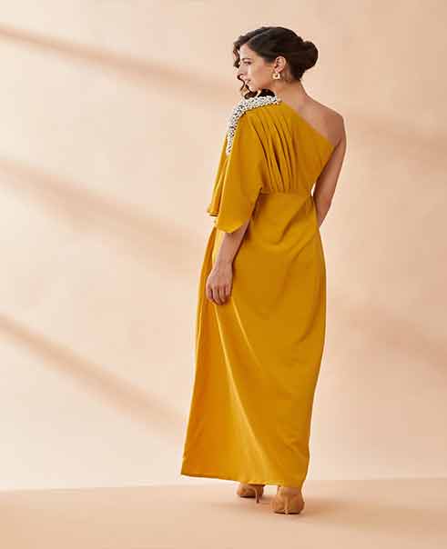 Mustard Pearl Moss Drape Dress by AAKAAR