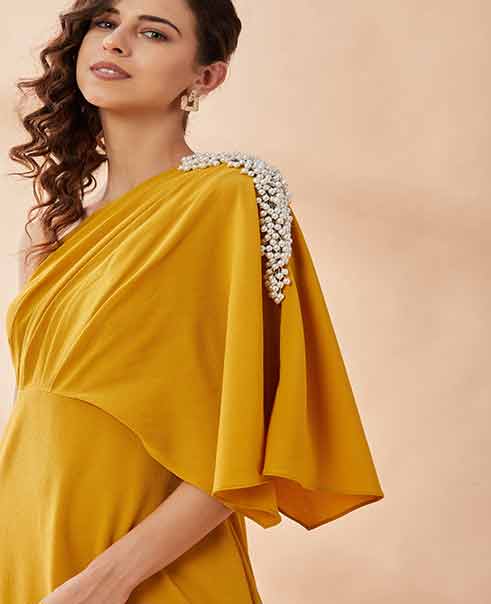 Mustard Pearl Moss Drape Dress by AAKAAR