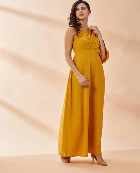 Mustard Pearl Moss Drape Dress by AAKAAR