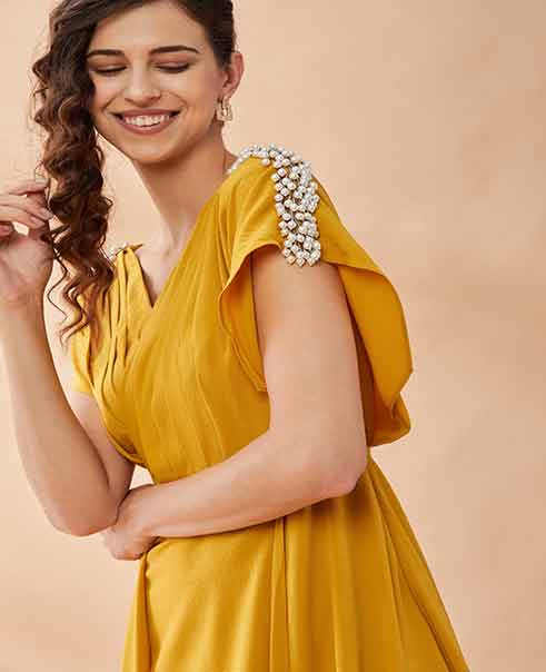 Mustard Pearl Pleated Drape Dress by AAKAAR