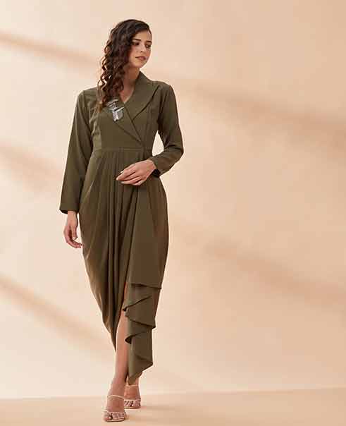 Olive notch drape dress BY AAKAAR