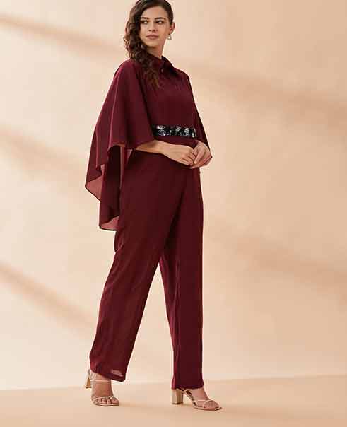 Wine colored designer jump suit by AAKAAR