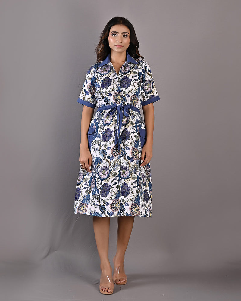 85 Lansdowne - Delphine Shirt Dress with Contrast Belt and Snap Button Closure (Blue/White)