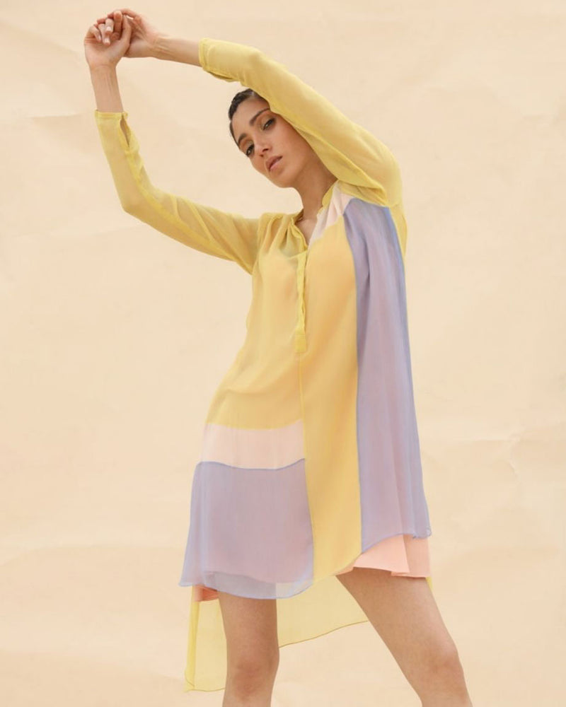 Sunflower , squirrel grey & Peach Short Tunic dress by ABHISHEK SHARMA