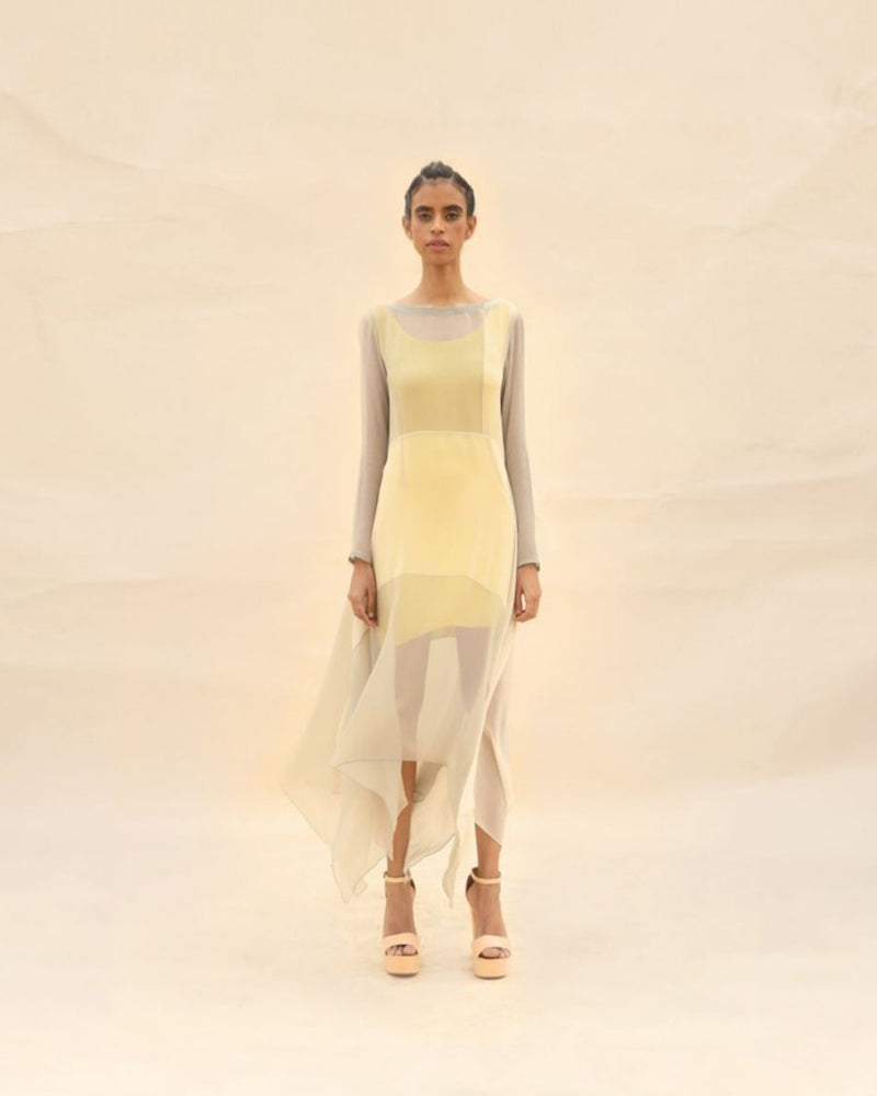 Sunflower, squirrel grey & lotus Draped Dress by ABHISHEK SHARMA