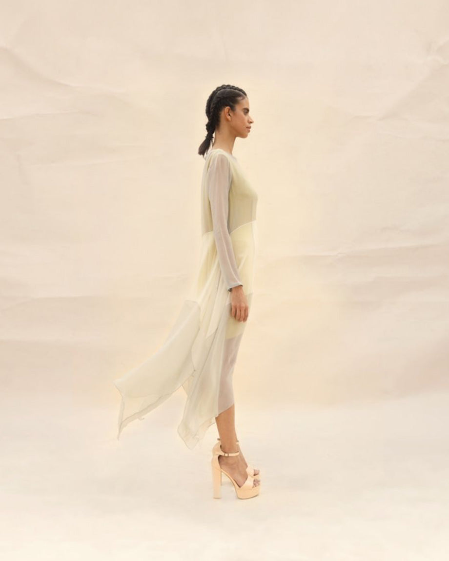 Sunflower, squirrel grey & lotus Draped Dress by ABHISHEK SHARMA