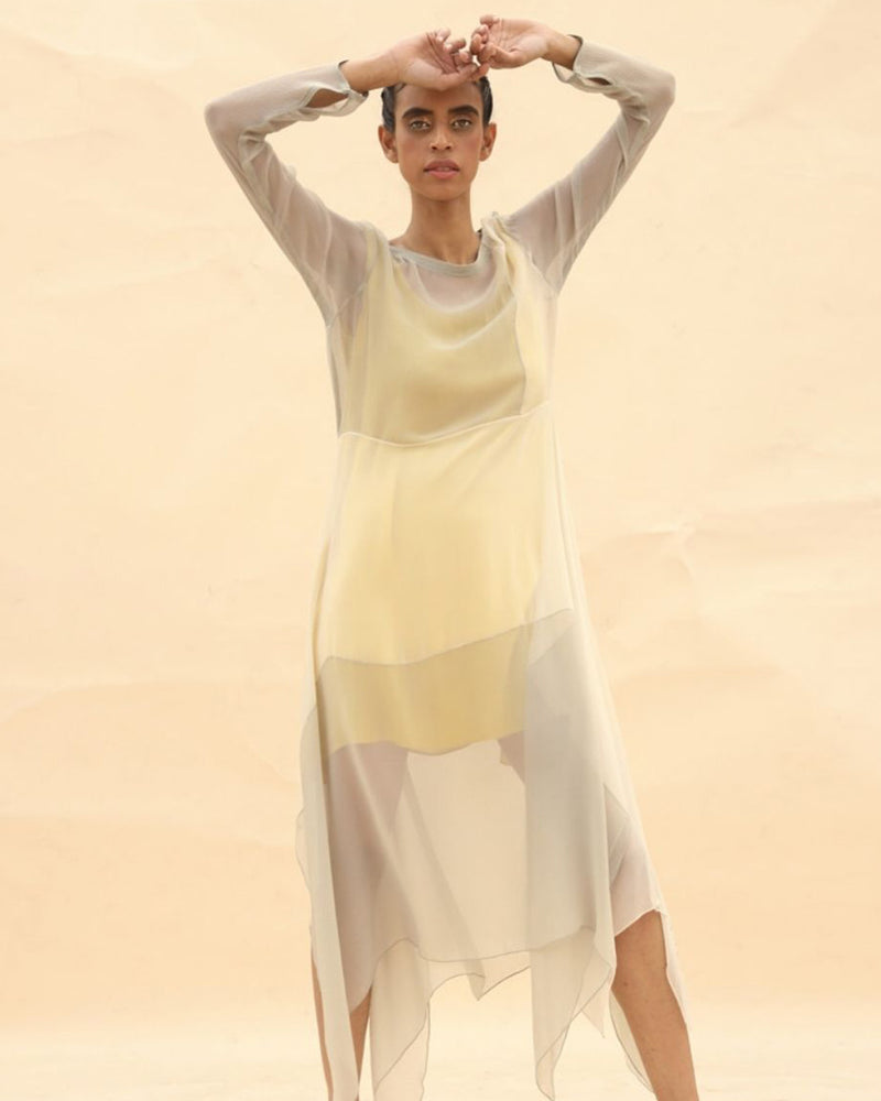 Sunflower, squirrel grey & lotus Draped Dress by ABHISHEK SHARMA