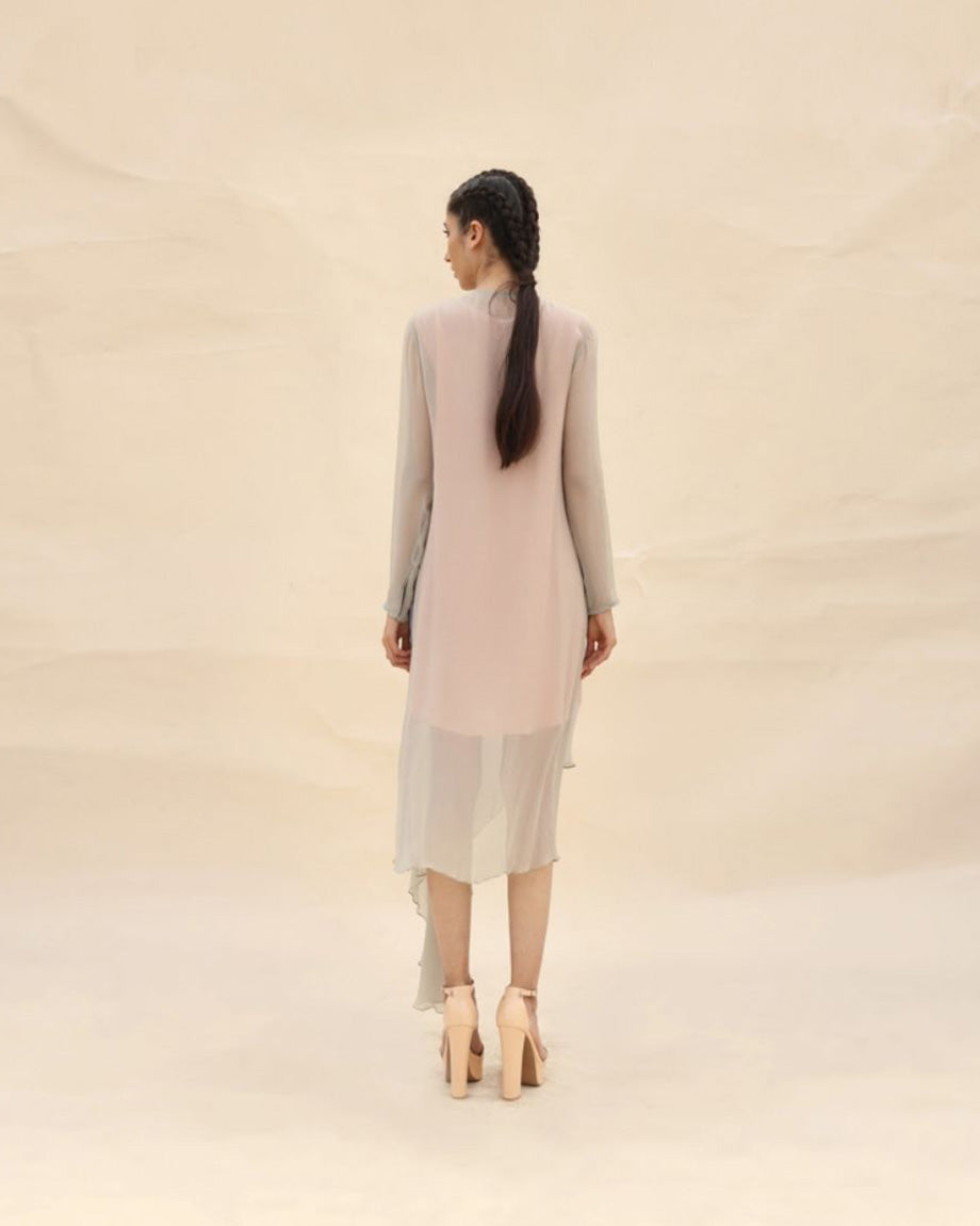 Squirrel grey, peach & lavender Draped dress by  ABHISHEK SHARMA