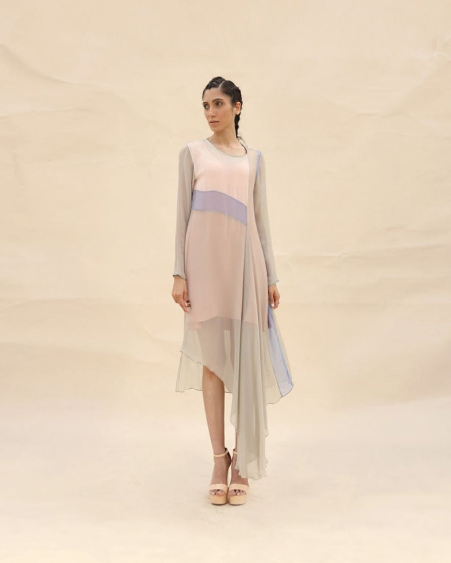 Squirrel grey, peach & lavender Draped dress by  ABHISHEK SHARMA