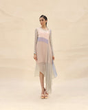 Squirrel grey, peach & lavender Draped dress by  ABHISHEK SHARMA