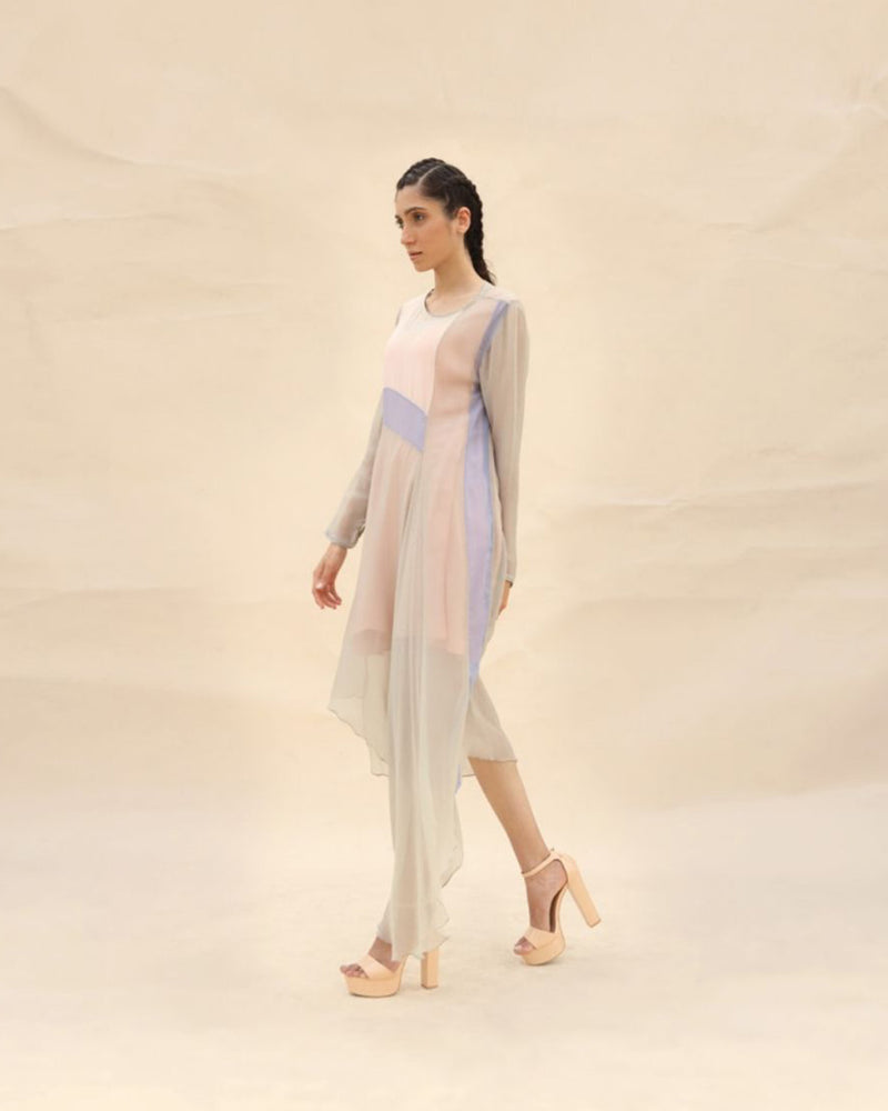 Squirrel grey, peach & lavender Draped dress by  ABHISHEK SHARMA