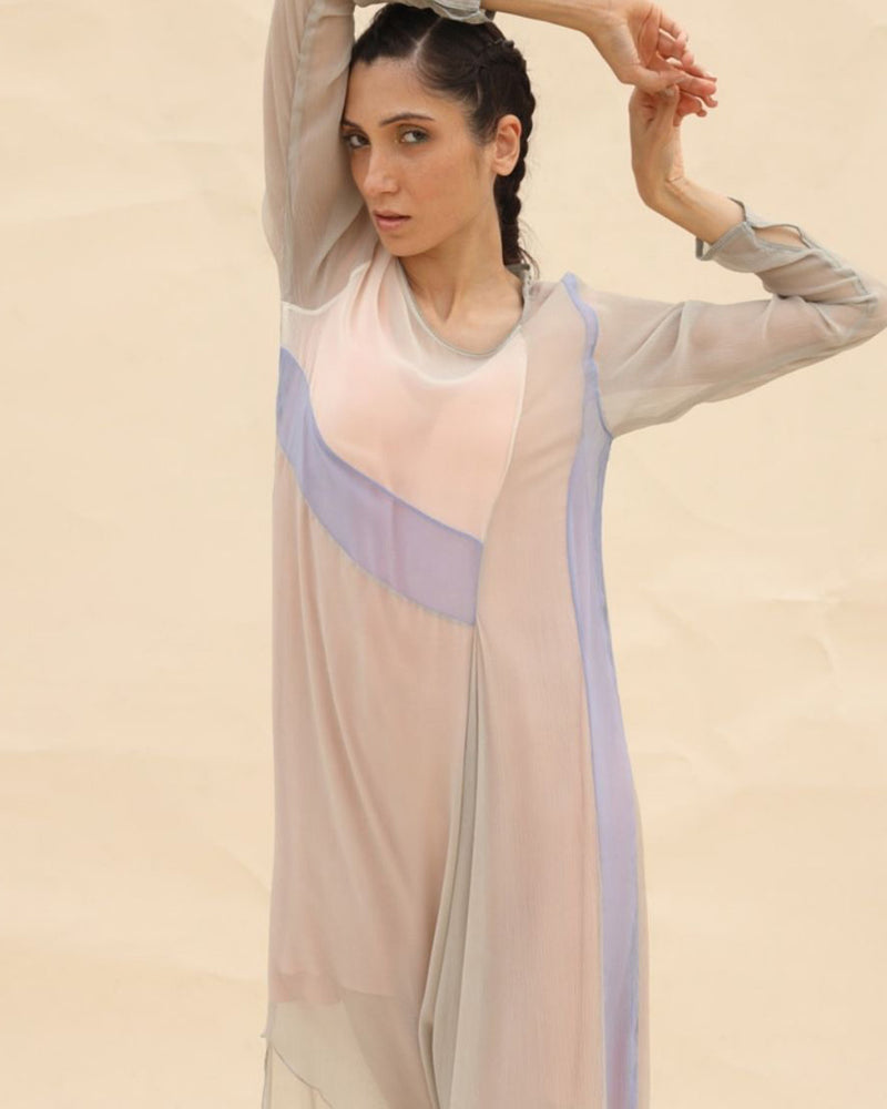 Squirrel grey, peach & lavender Draped dress by  ABHISHEK SHARMA