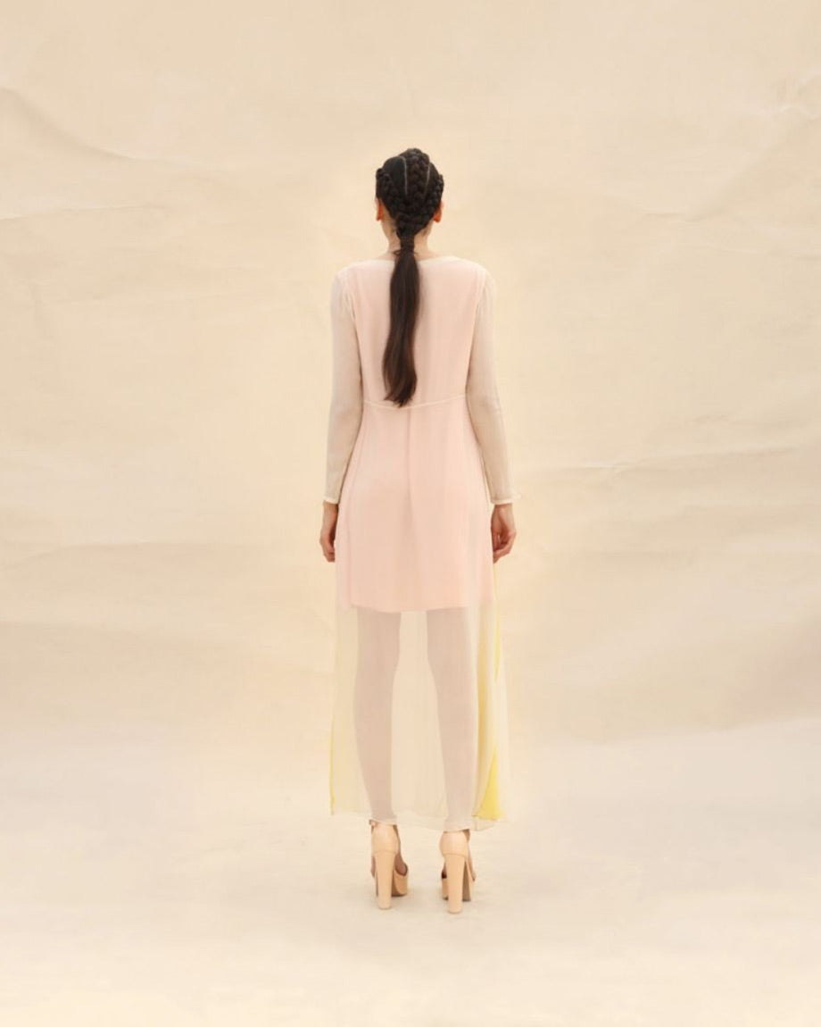 Peach & Sunflower Draped dress by  ABHISHEK SHARMA