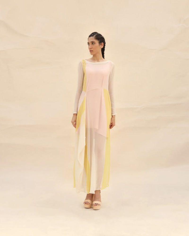 Peach & Sunflower Draped dress by  ABHISHEK SHARMA