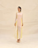 Peach & Sunflower Draped dress by  ABHISHEK SHARMA