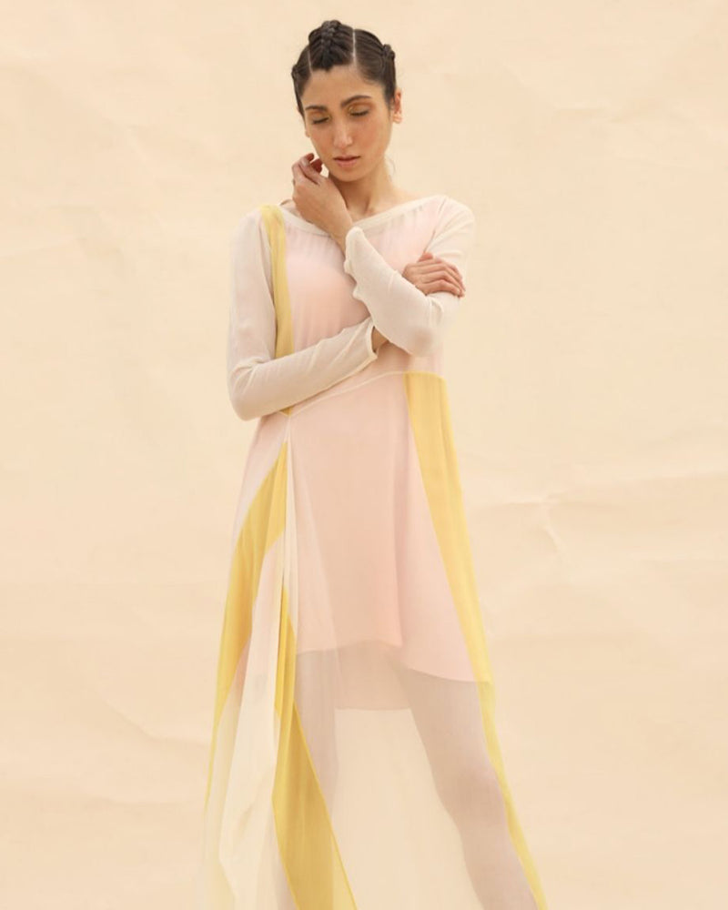 Peach & Sunflower Draped dress by  ABHISHEK SHARMA